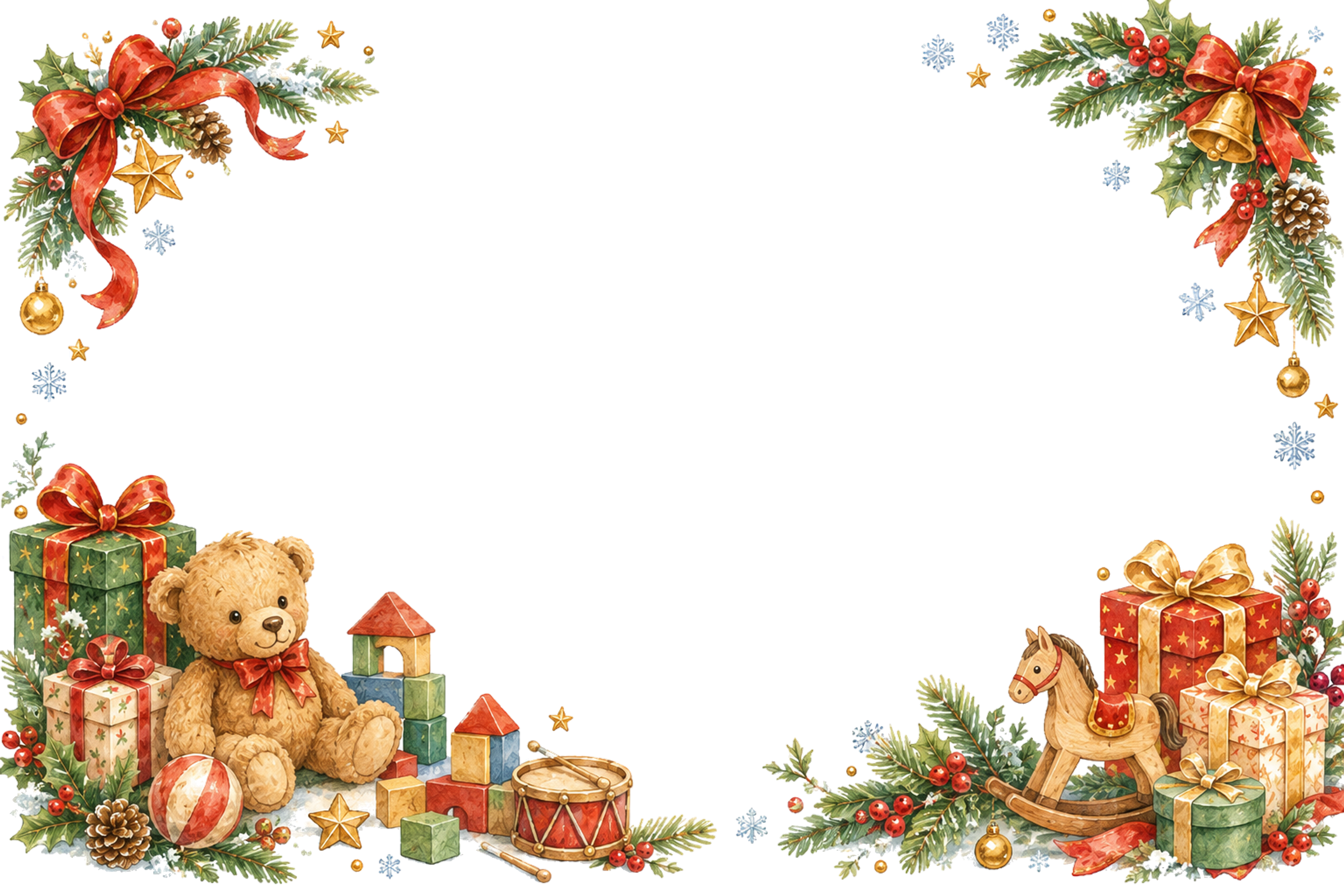 水彩絵本タッチのかわいいテディベアと積み木のクリスマスメッセージカード・フレーム用イラスト｜無料素材96401に写真・文字を入れる