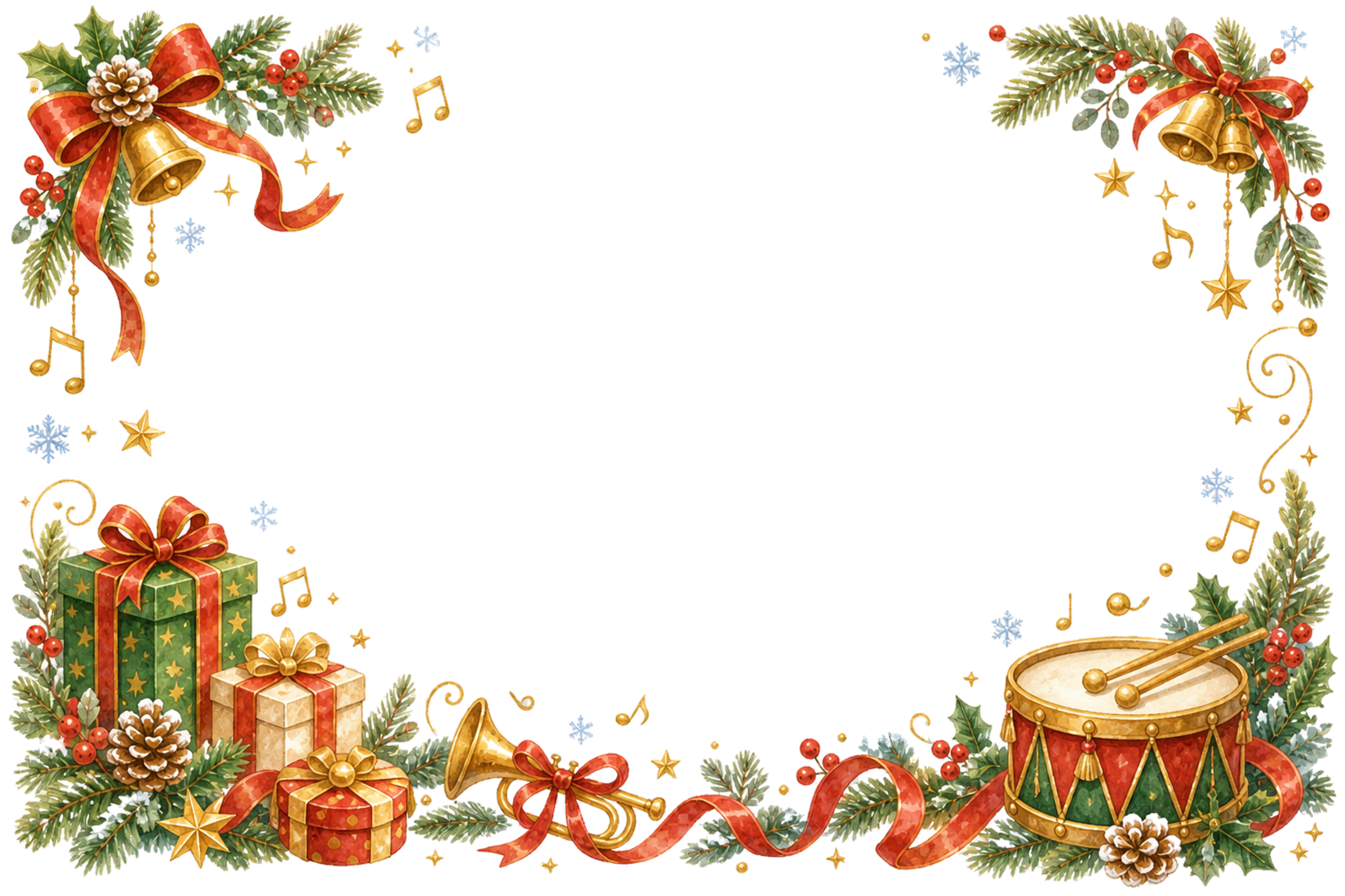 水彩絵本タッチのかわいい太鼓とラッパのクリスマスメッセージカード・フレーム用イラスト｜無料素材96402に写真・文字を入れる