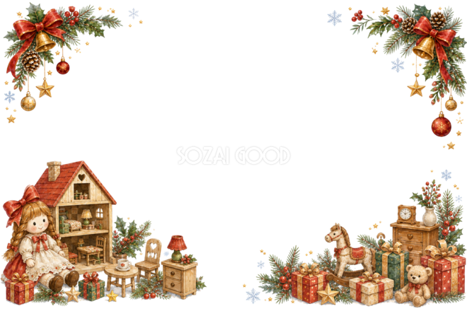 水彩絵本タッチのかわいい人形とドールハウスのクリスマスメッセージカード・フレーム用イラスト｜無料素材96403