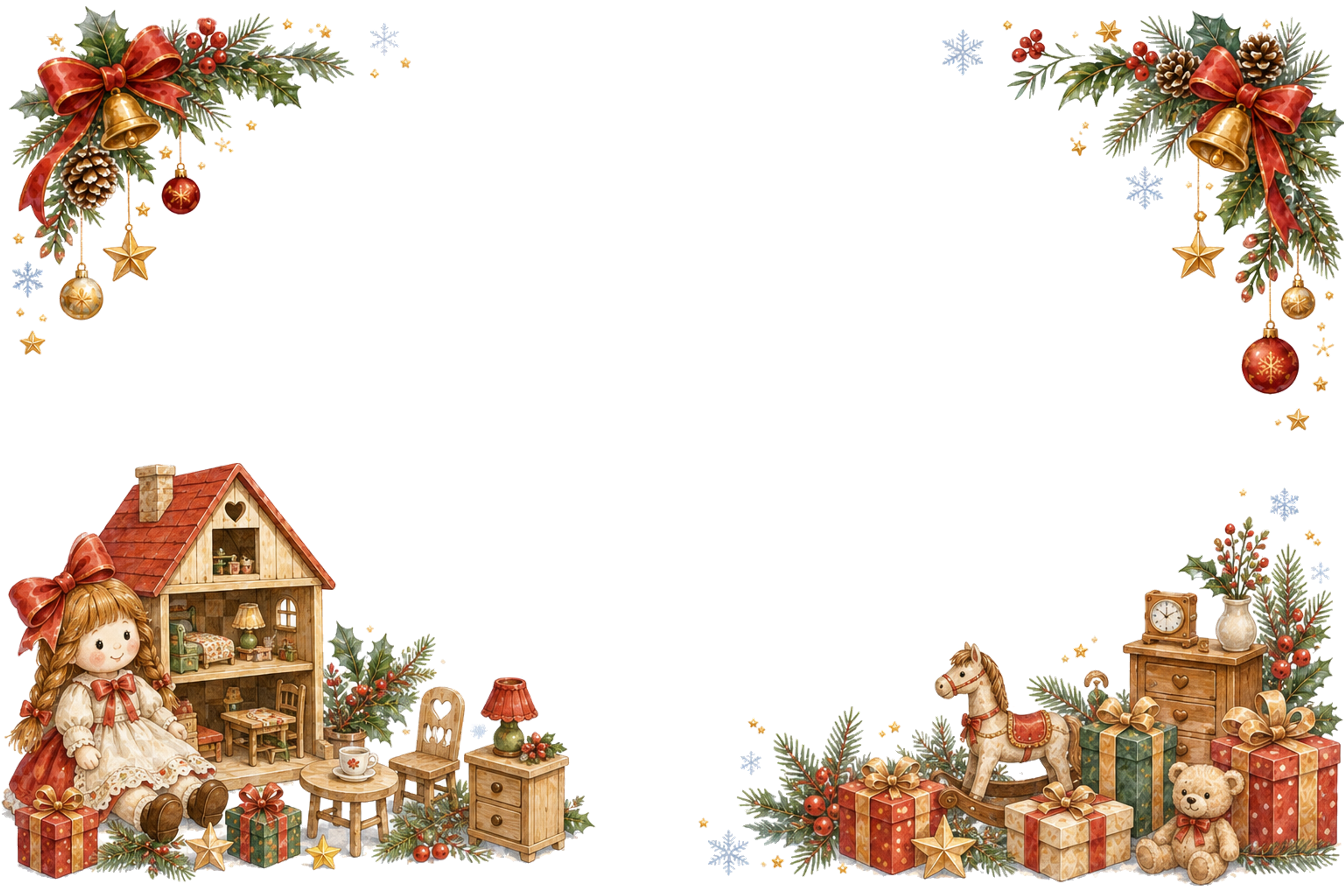 水彩絵本タッチのかわいい人形とドールハウスのクリスマスメッセージカード・フレーム用イラスト｜無料素材96403に写真・文字を入れる