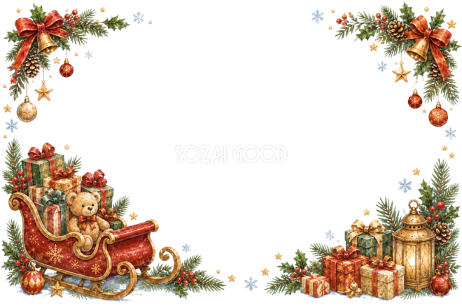 水彩絵本タッチのかわいい赤いそりとプレゼントのクリスマスメッセージカード・フレーム用イラスト|無料素材96404