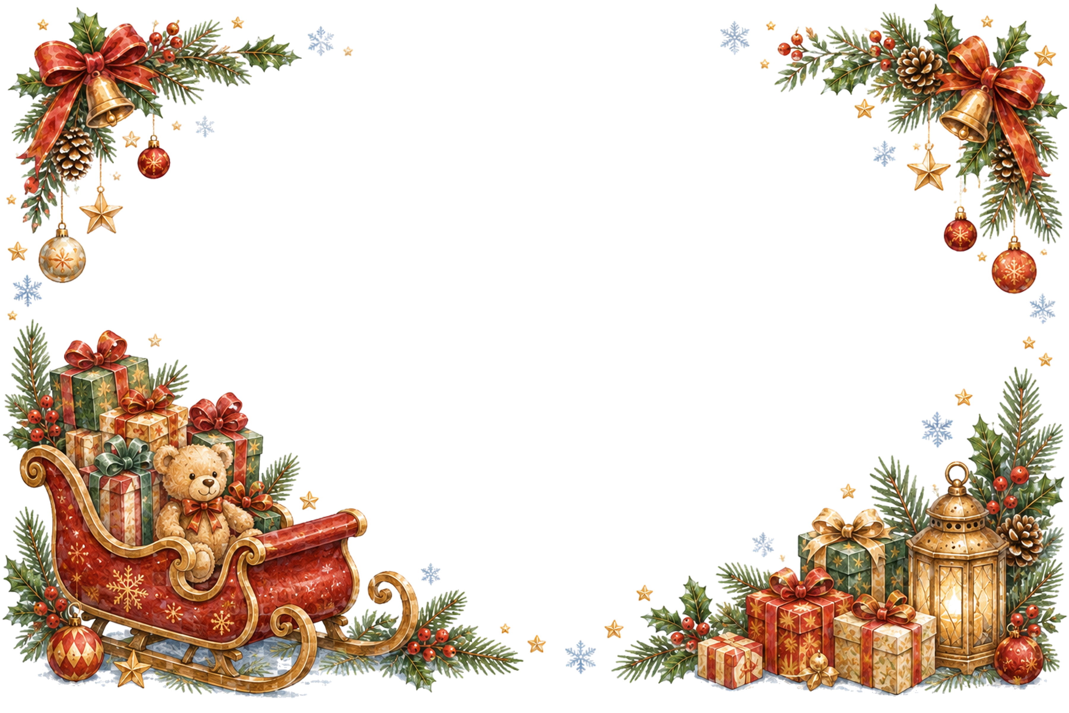 水彩絵本タッチのかわいい赤いそりとプレゼントのクリスマスメッセージカード・フレーム用イラスト｜無料素材96404に写真・文字を入れる