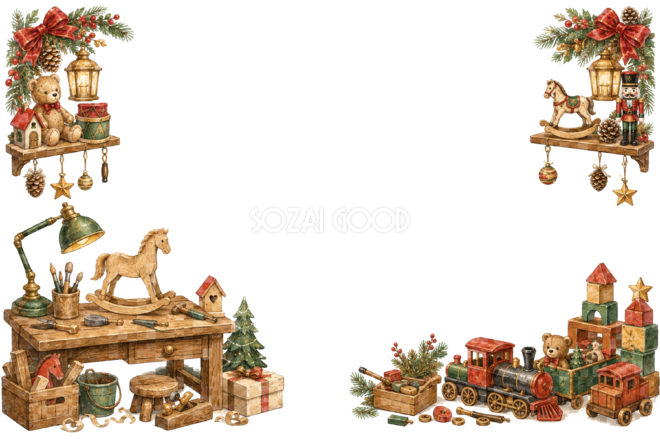水彩絵本タッチのかわいいクリスマスおもちゃ工房メッセージカード・フレーム用イラスト|無料素材96406