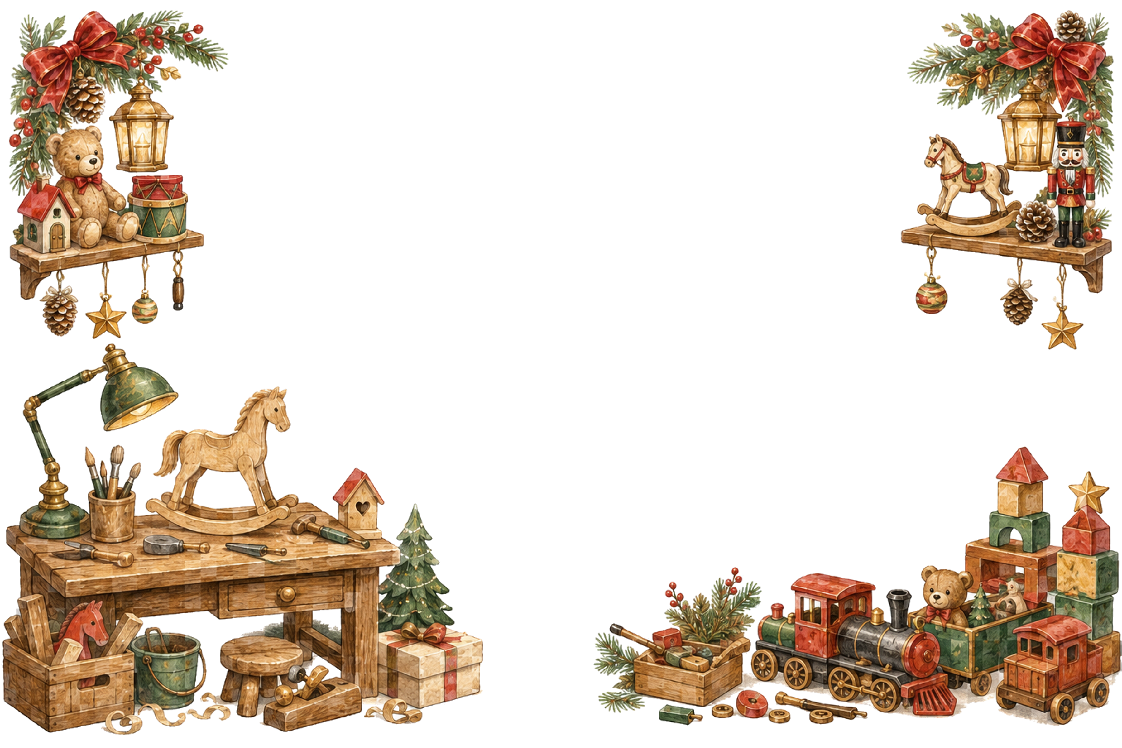 水彩絵本タッチのかわいいクリスマスおもちゃ工房メッセージカード・フレーム用イラスト｜無料素材96406に写真・文字を入れる