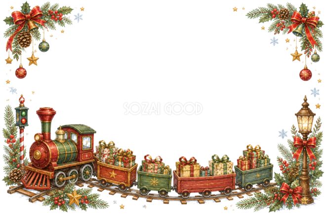 水彩絵本タッチのかわいいプレゼント列車クリスマスメッセージカード・フレーム用イラスト|無料素材96407