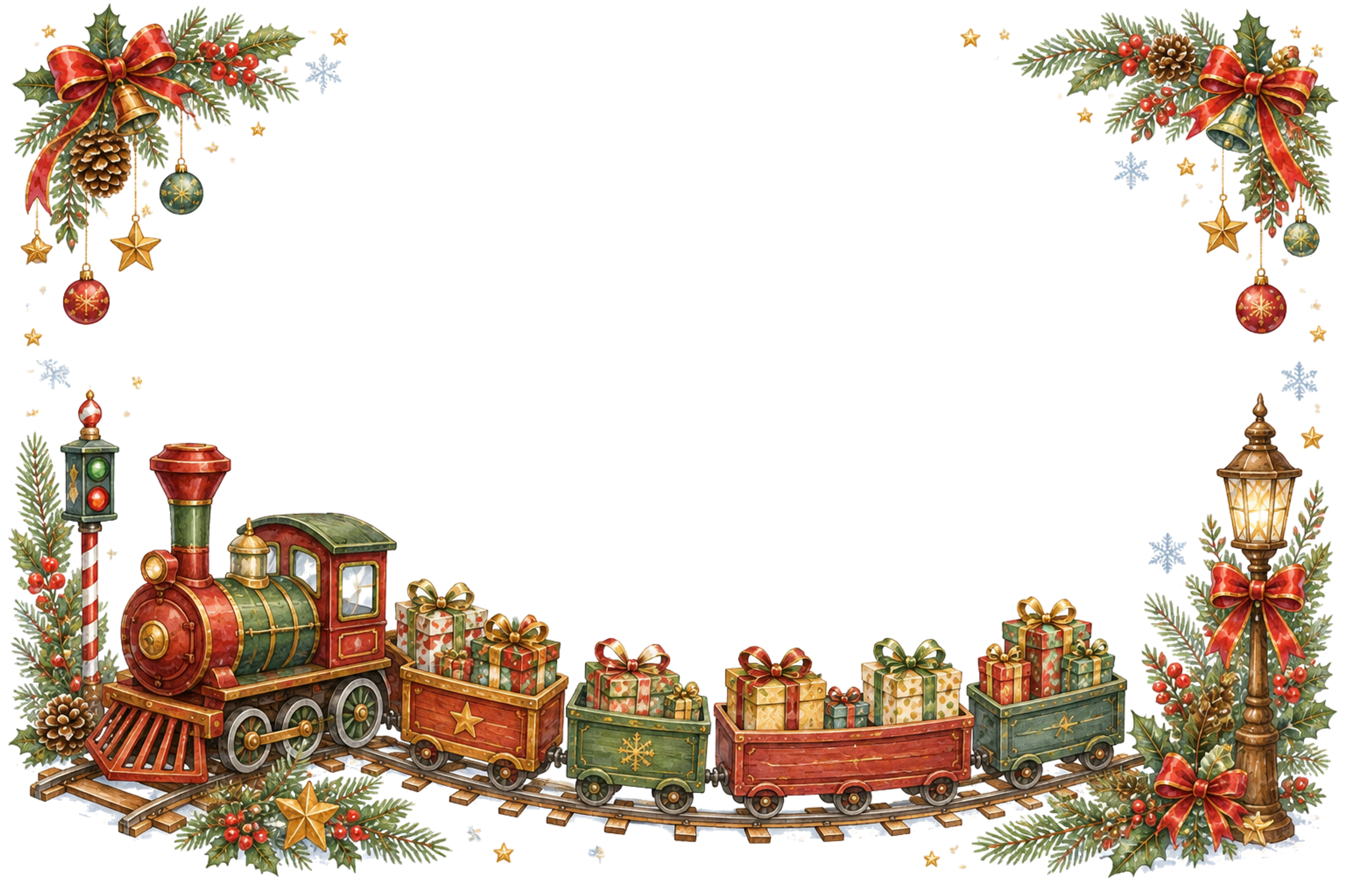 水彩絵本タッチのかわいいプレゼント列車クリスマスメッセージカード・フレーム用イラスト｜無料素材96407に写真・文字を入れる