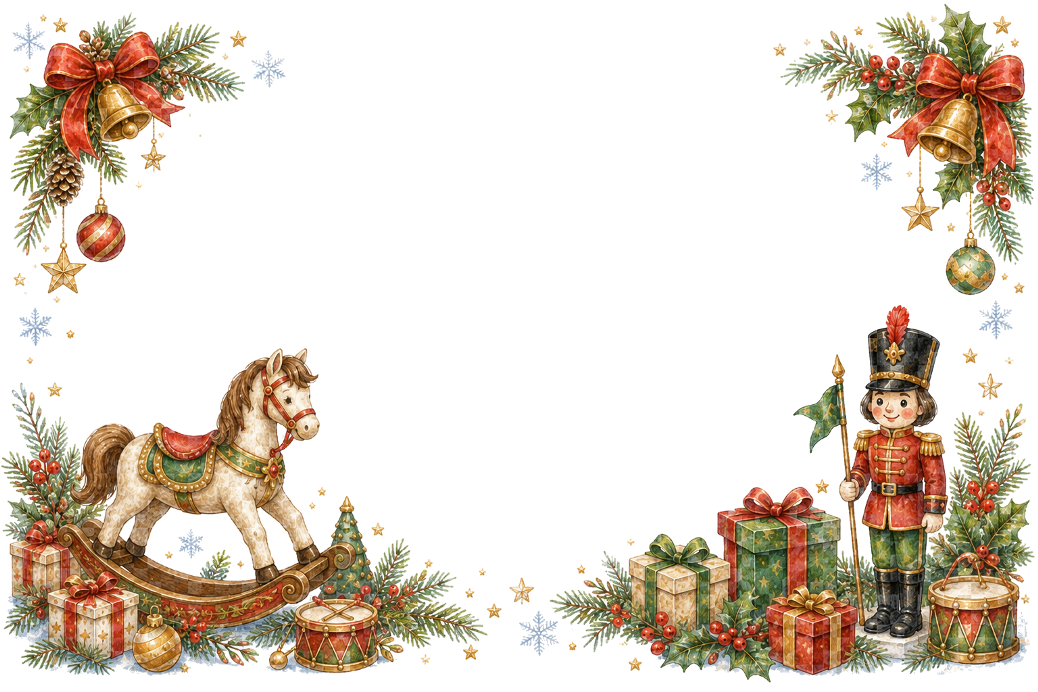 水彩絵本タッチのかわいい木馬とおもちゃの兵隊クリスマスメッセージカード・フレーム用イラスト｜無料素材96408に写真・文字を入れる