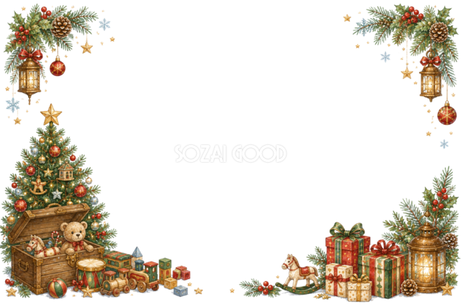水彩絵本タッチのかわいいツリーとおもちゃ箱クリスマスメッセージカード・フレーム用イラスト|無料素材96409