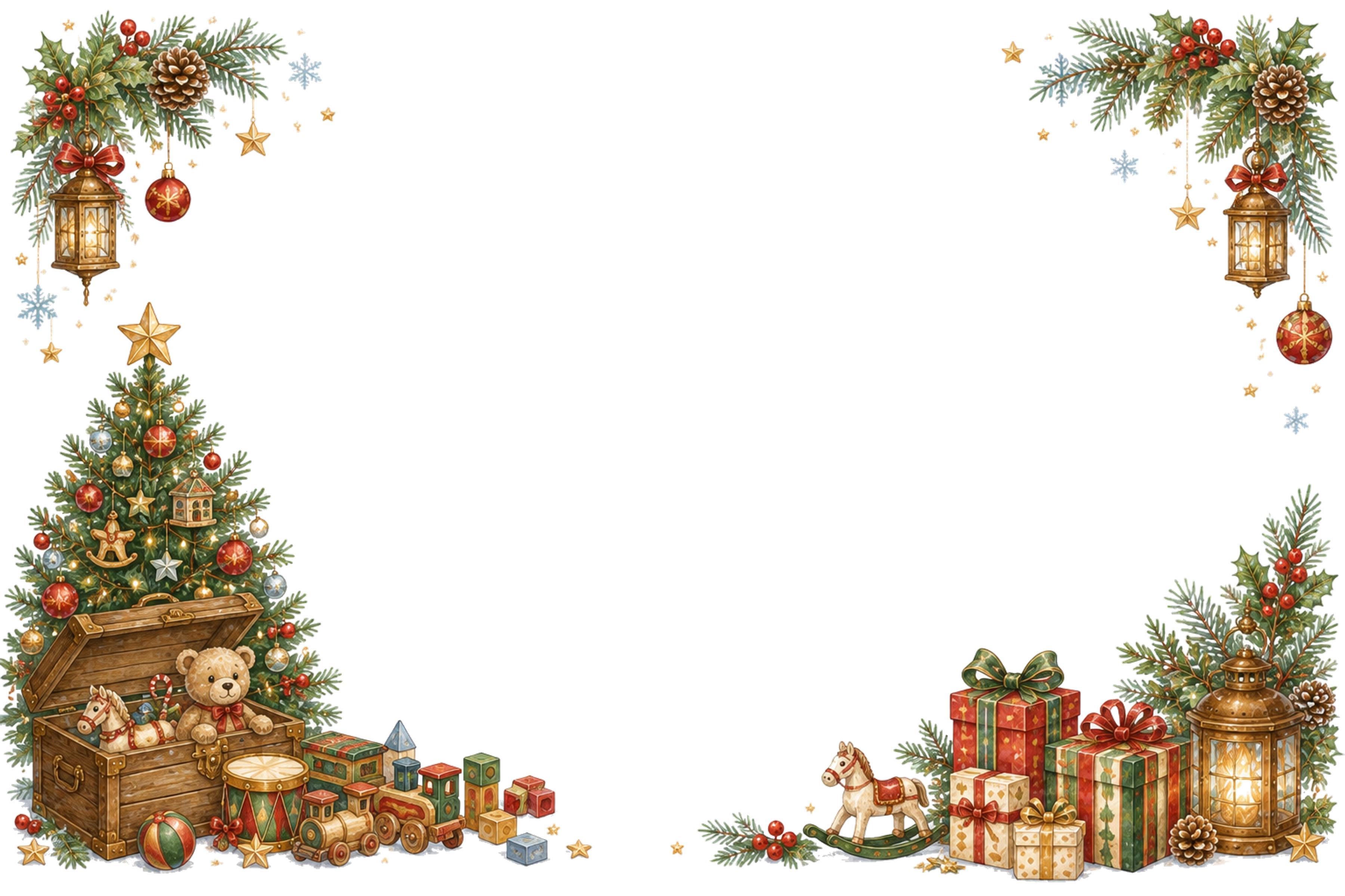 水彩絵本タッチのかわいいツリーとおもちゃ箱クリスマスメッセージカード・フレーム用イラスト｜無料素材96409に写真・文字を入れる