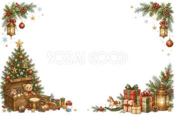水彩絵本タッチのかわいいツリーとおもちゃ箱クリスマスメッセージカード・フレーム用イラスト｜無料素材96409