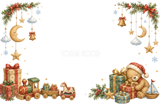 水彩絵本タッチのかわいい星と月のモビールクリスマスメッセージカード・フレーム用イラスト|無料素材96410
