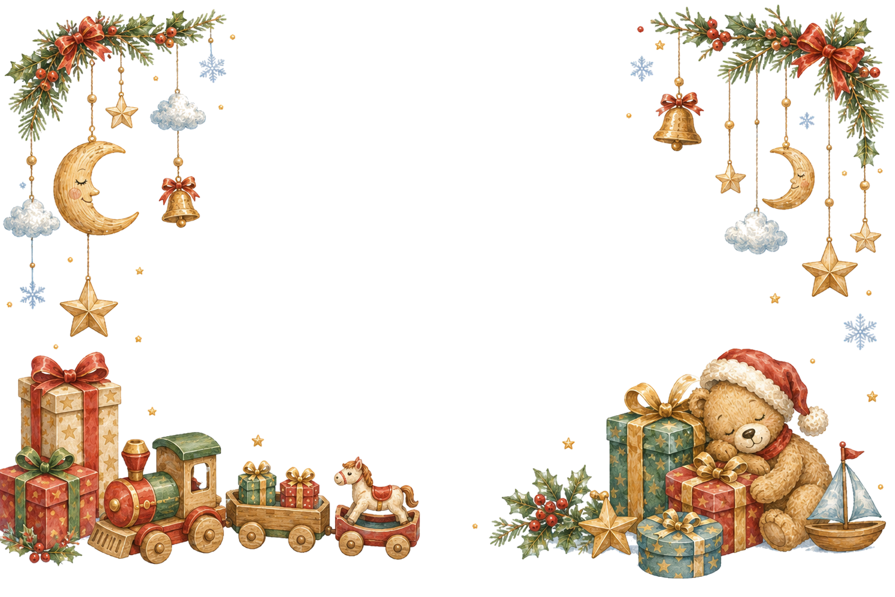 水彩絵本タッチのかわいい星と月のモビールクリスマスメッセージカード・フレーム用イラスト｜無料素材96410に写真・文字を入れる