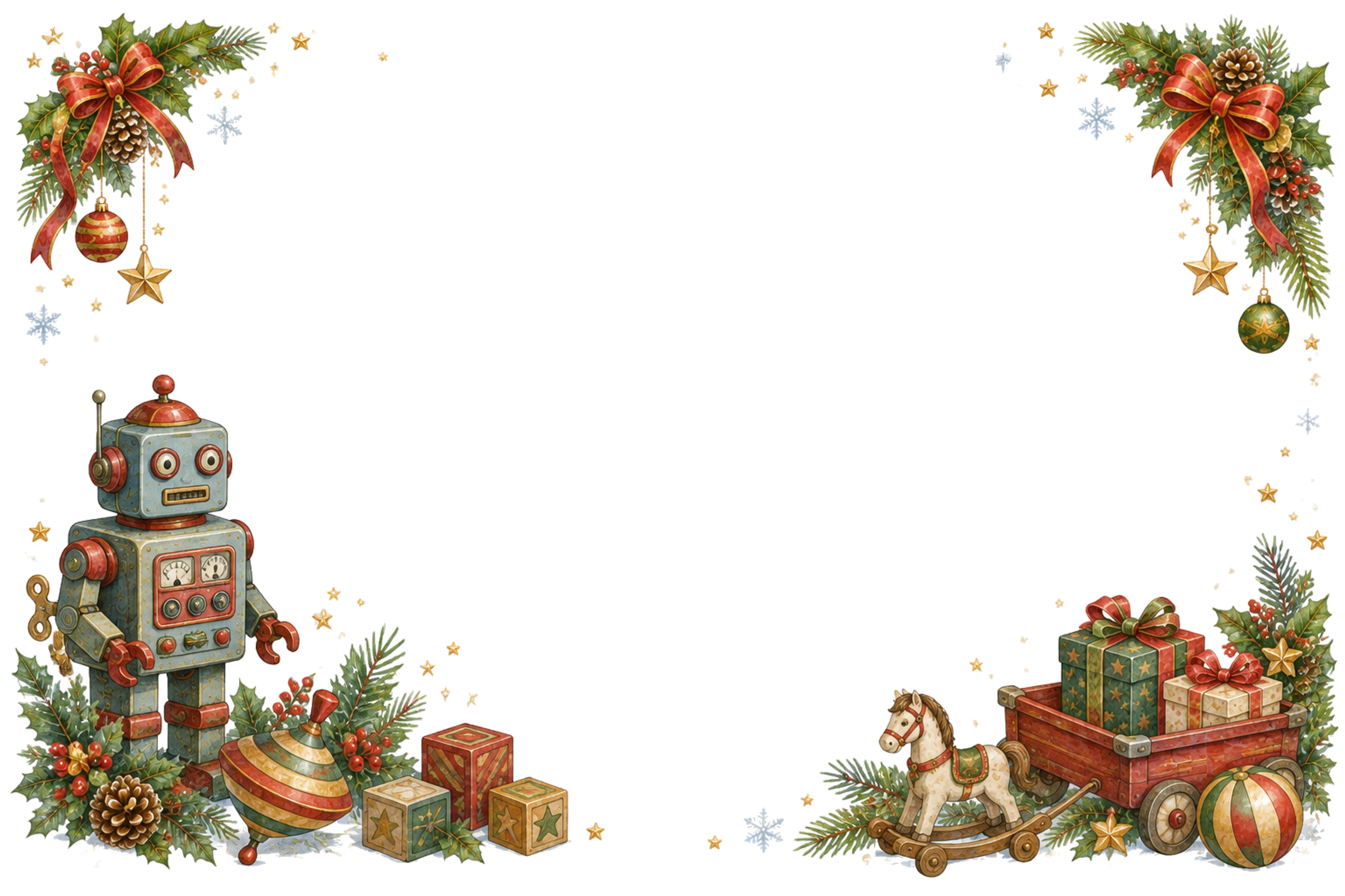 水彩絵本タッチのかわいいロボットと積み木クリスマスメッセージカード・フレーム用イラスト｜無料素材96411に写真・文字を入れる