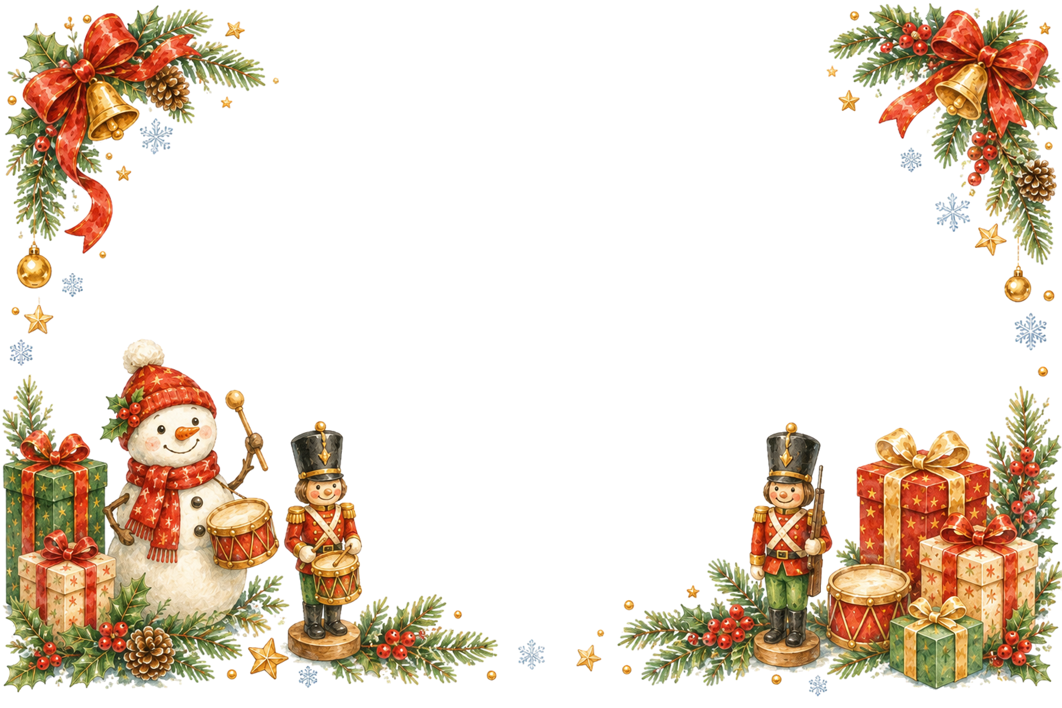 水彩絵本タッチのかわいい雪だるまと兵隊クリスマスメッセージカード・フレーム用イラスト｜無料素材96412に写真・文字を入れる