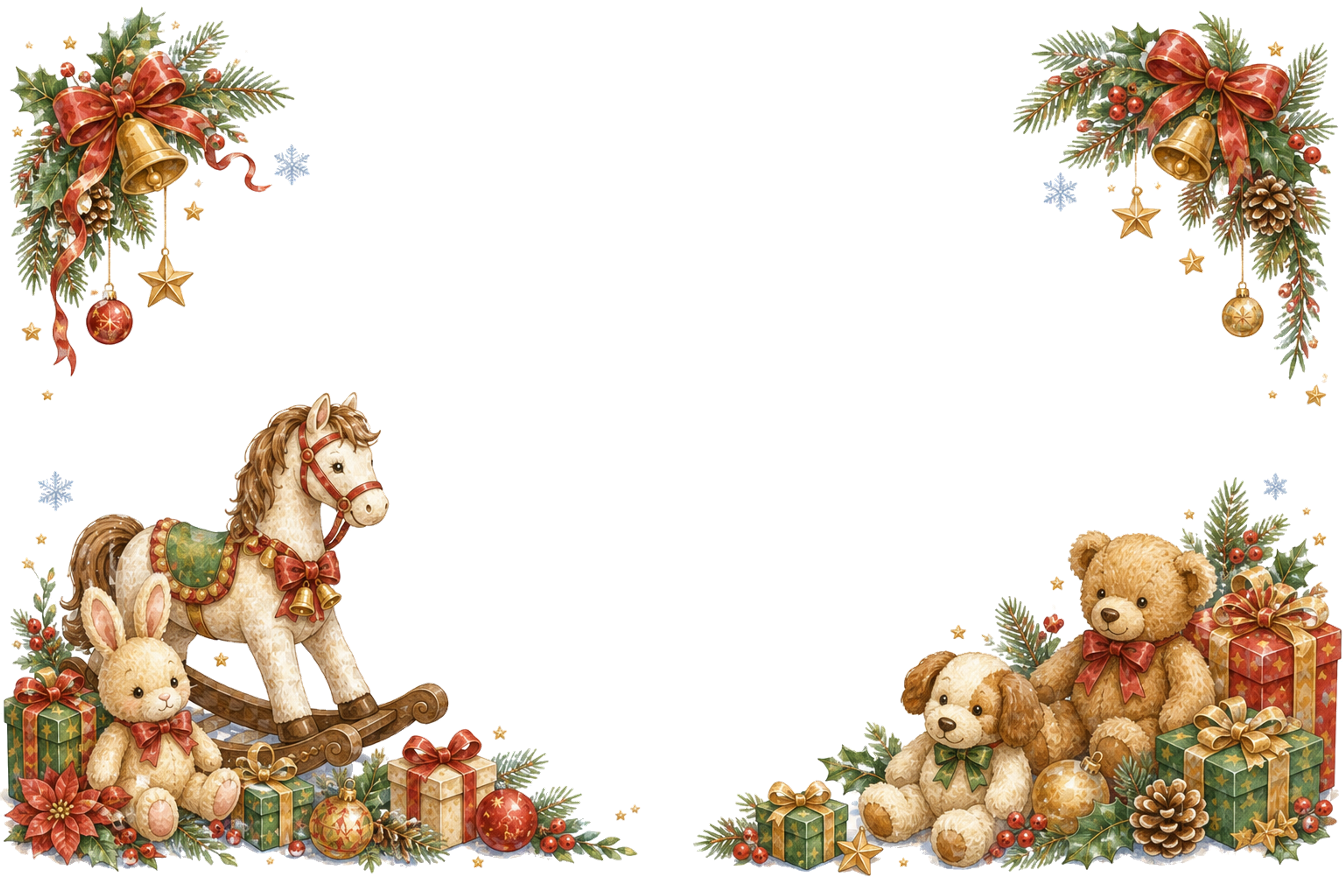 水彩絵本タッチのかわいい木馬とぬいぐるみクリスマスメッセージカード・フレーム用イラスト｜無料素材96413に写真・文字を入れる