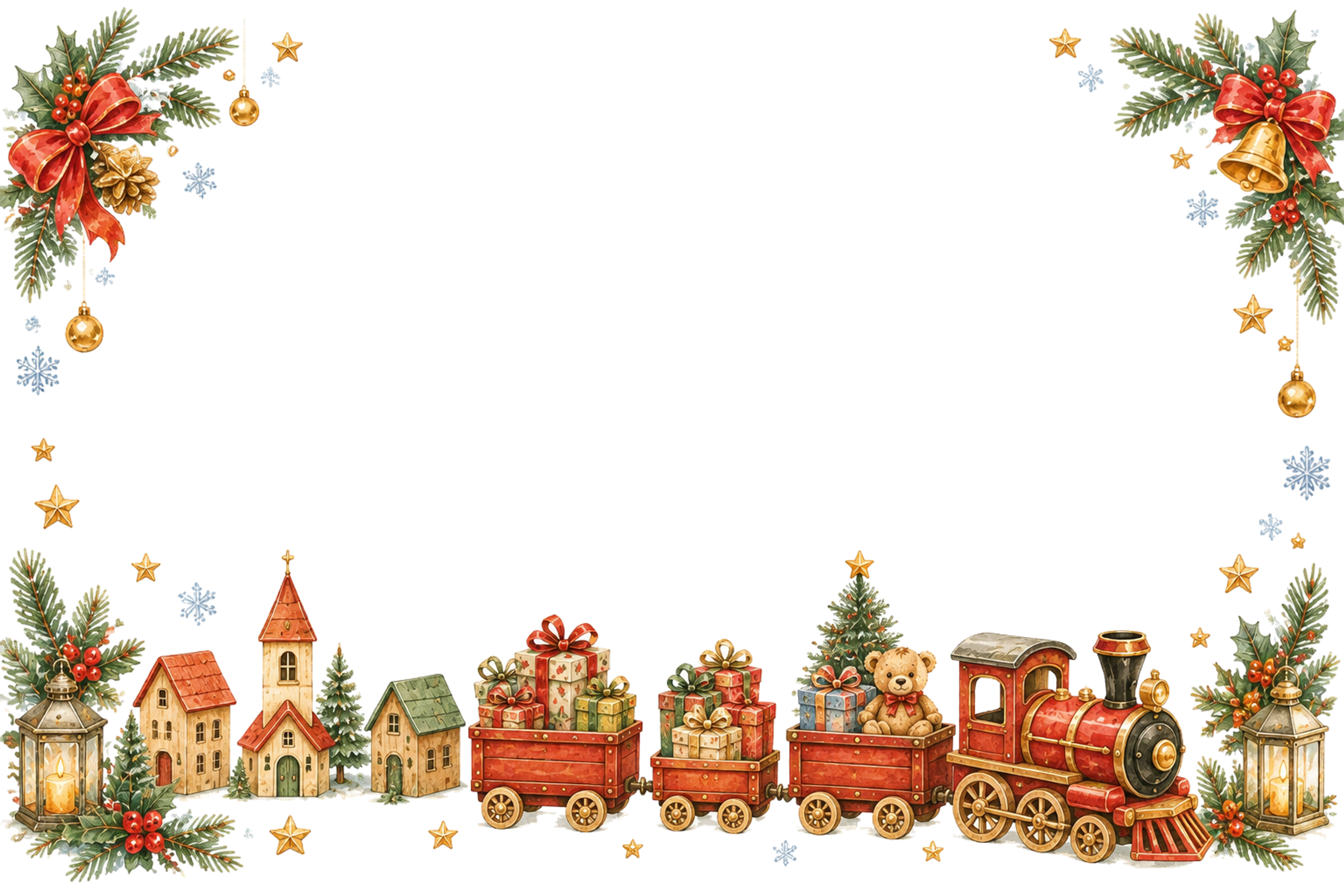 水彩絵本タッチのかわいい汽車と木のおもちゃ村クリスマスメッセージカード・フレーム用イラスト｜無料素材96414に写真・文字を入れる