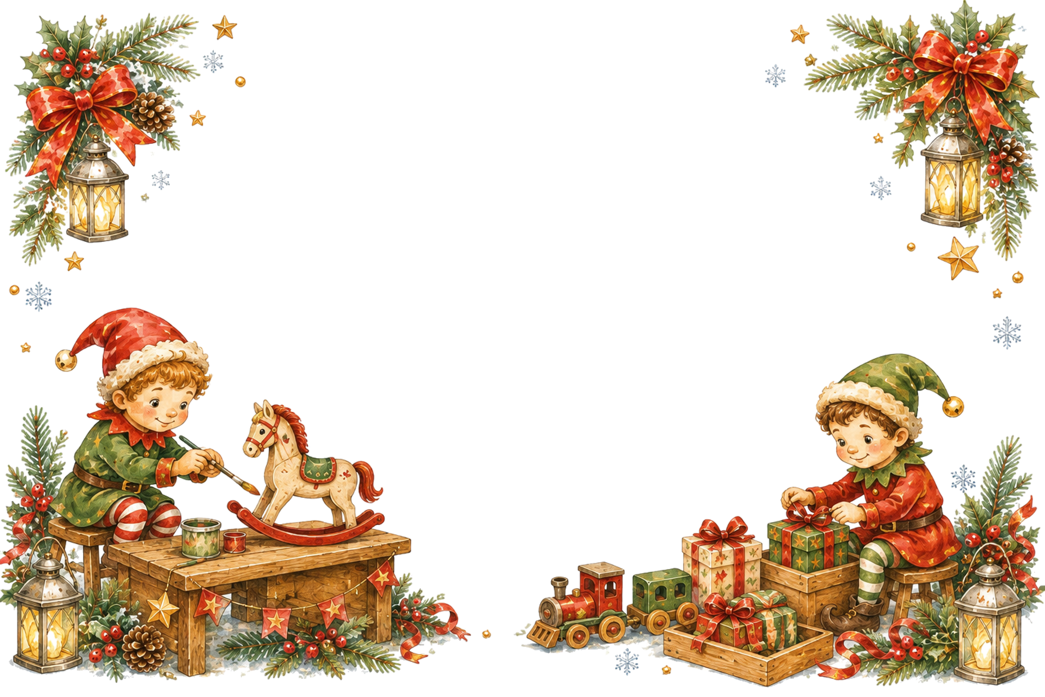 水彩絵本タッチのかわいいおもちゃ作りの妖精クリスマスメッセージカード・フレーム用イラスト｜無料素材96415に写真・文字を入れる