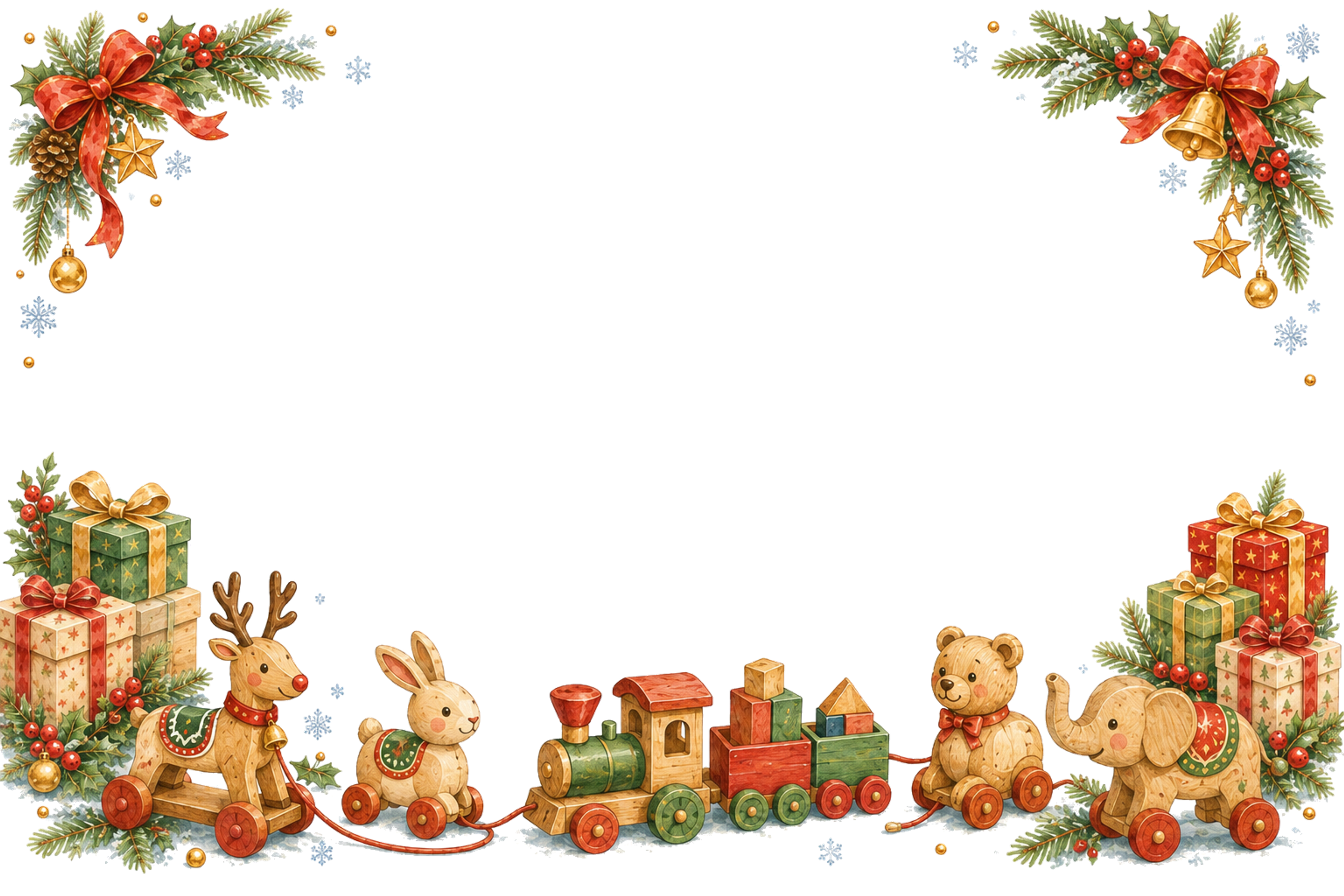 水彩絵本タッチのかわいい木製動物と汽車クリスマスメッセージカード・フレーム用イラスト｜無料素材96416に写真・文字を入れる