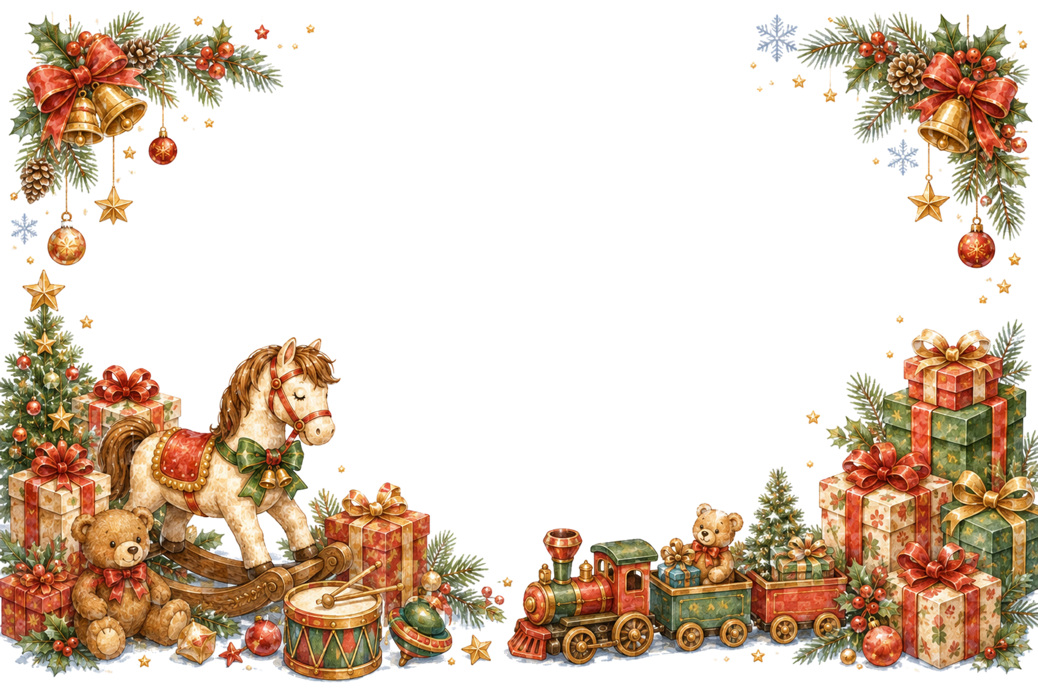 水彩絵本タッチのかわいいクラシックおもちゃクリスマスメッセージカード・フレーム用イラスト｜無料素材96417に写真・文字を入れる