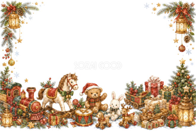 水彩絵本タッチのかわいいクリスマスおもちゃ大集合メッセージカード・フレーム用イラスト|無料素材96418