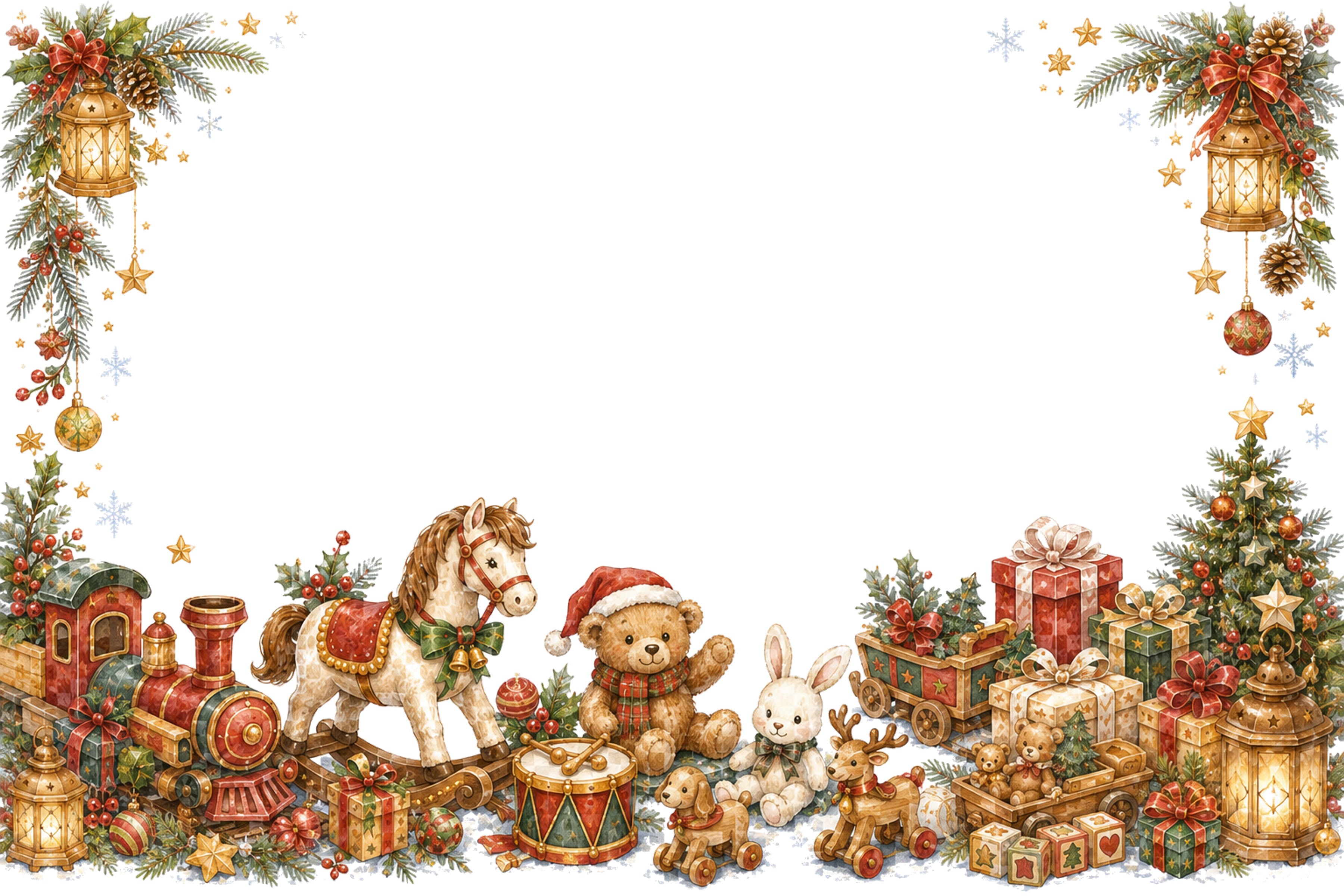 水彩絵本タッチのかわいいクリスマスおもちゃ大集合メッセージカード・フレーム用イラスト｜無料素材96418に写真・文字を入れる