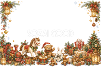 水彩絵本タッチのかわいいクリスマスおもちゃ大集合メッセージカード・フレーム用イラスト｜無料素材96418