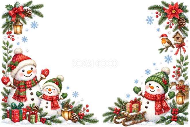 かわいい雪だるま家族のクリスマスメッセージカード|無料フレームイラスト96420