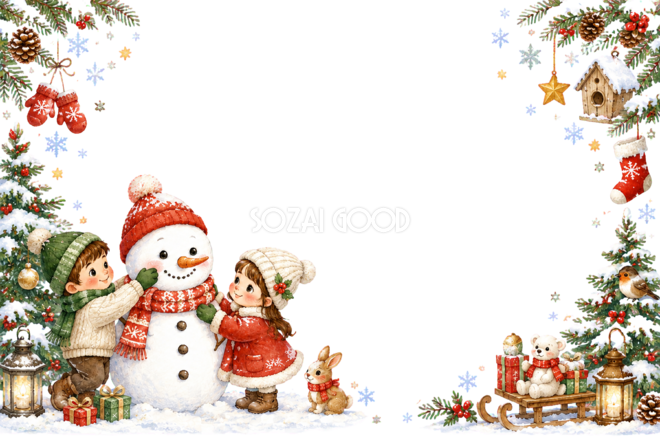 かわいい雪だるま作りのクリスマスメッセージカード｜無料フレームイラスト96421