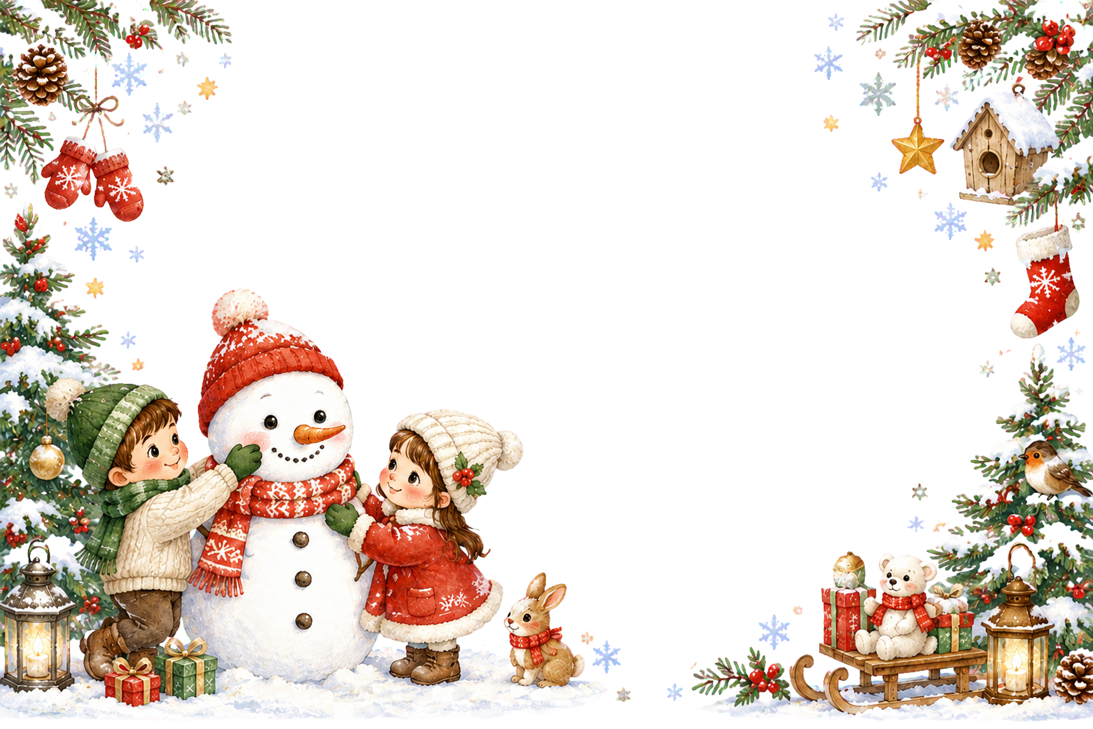かわいい雪だるま作りのクリスマスメッセージカード｜無料フレームイラスト96421に写真・文字を入れる