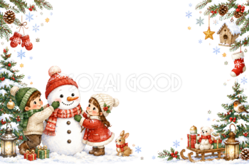 かわいい雪だるま作りのクリスマスメッセージカード｜無料フレームイラスト96421