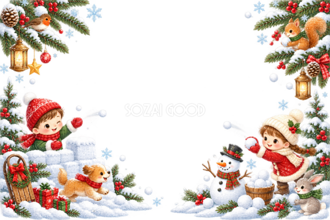 かわいい子どもの雪合戦のクリスマスメッセージカード|無料フレームイラスト96422