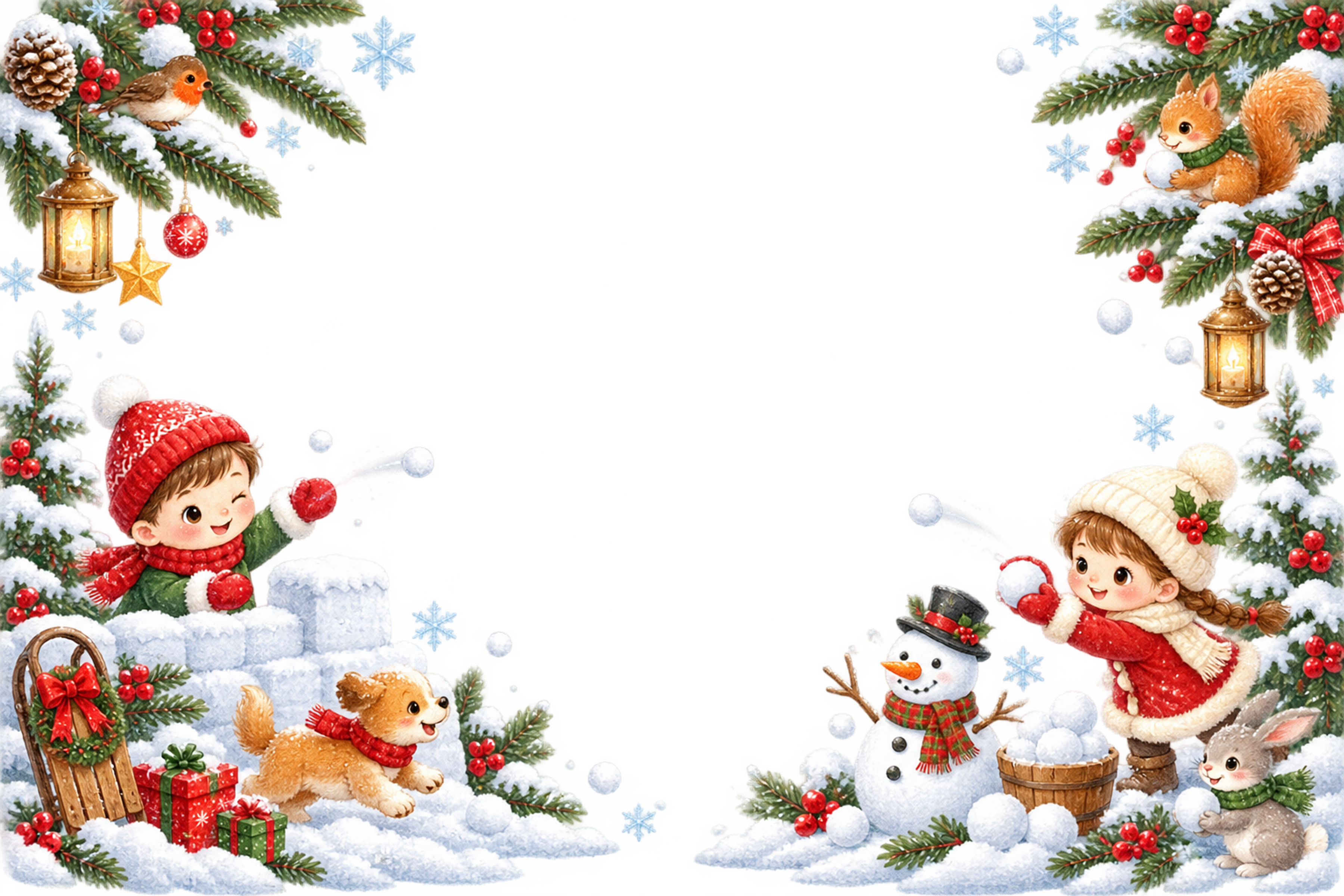 かわいい子どもの雪合戦のクリスマスメッセージカード｜無料フレームイラスト96422に写真・文字を入れる