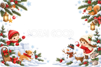 かわいい子どもの雪合戦のクリスマスメッセージカード｜無料フレームイラスト96422