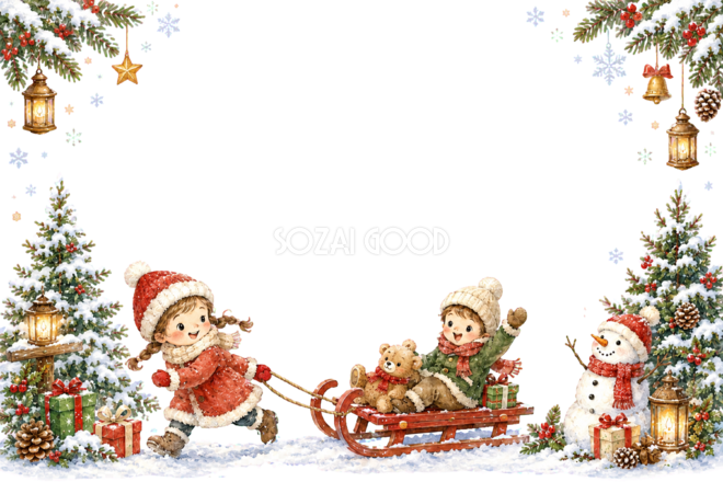 かわいい子どもと赤いそりのクリスマスメッセージカード|無料フレームイラス96423