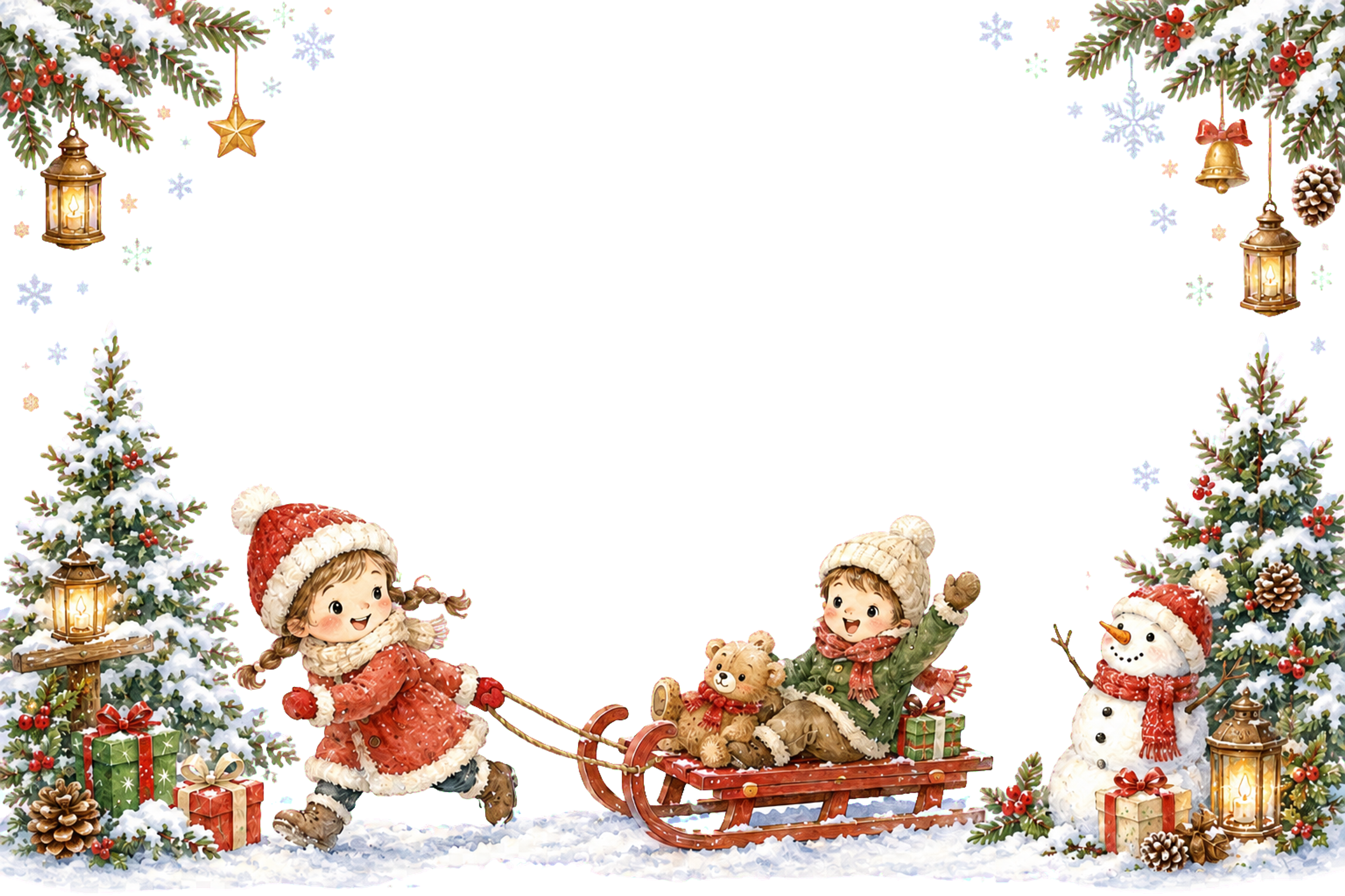 かわいい子どもと赤いそりのクリスマスメッセージカード｜無料フレームイラス96423に写真・文字を入れる