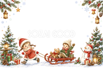 かわいい子どもと赤いそりのクリスマスメッセージカード｜無料フレームイラス96423