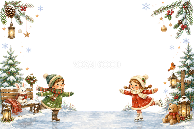 かわいい子どものスケートのクリスマスメッセージカード|無料フレームイラスト96424