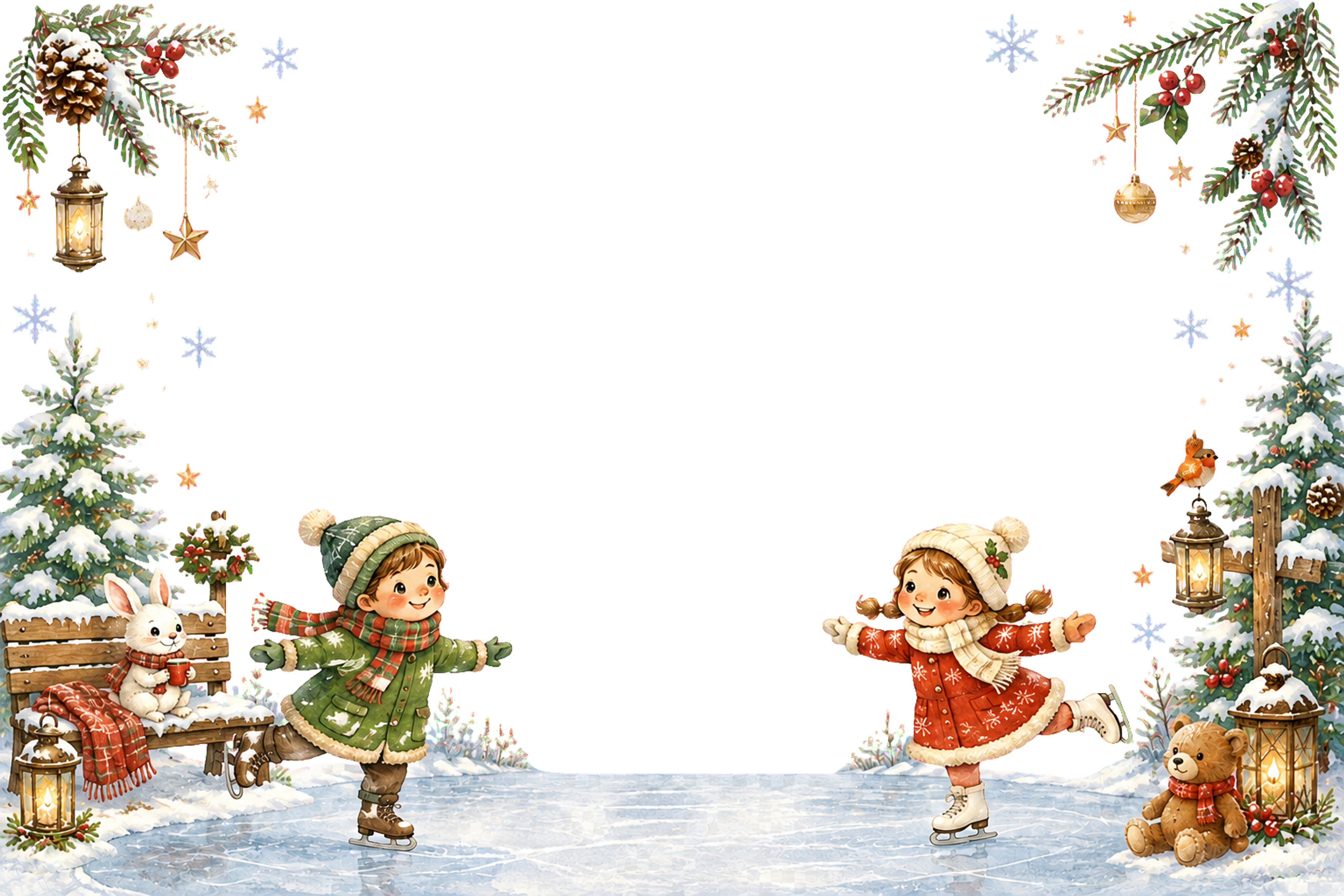 かわいい子どものスケートのクリスマスメッセージカード｜無料フレームイラスト96424に写真・文字を入れる