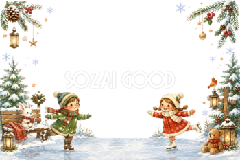 かわいい子どものスケートのクリスマスメッセージカード｜無料フレームイラスト96424