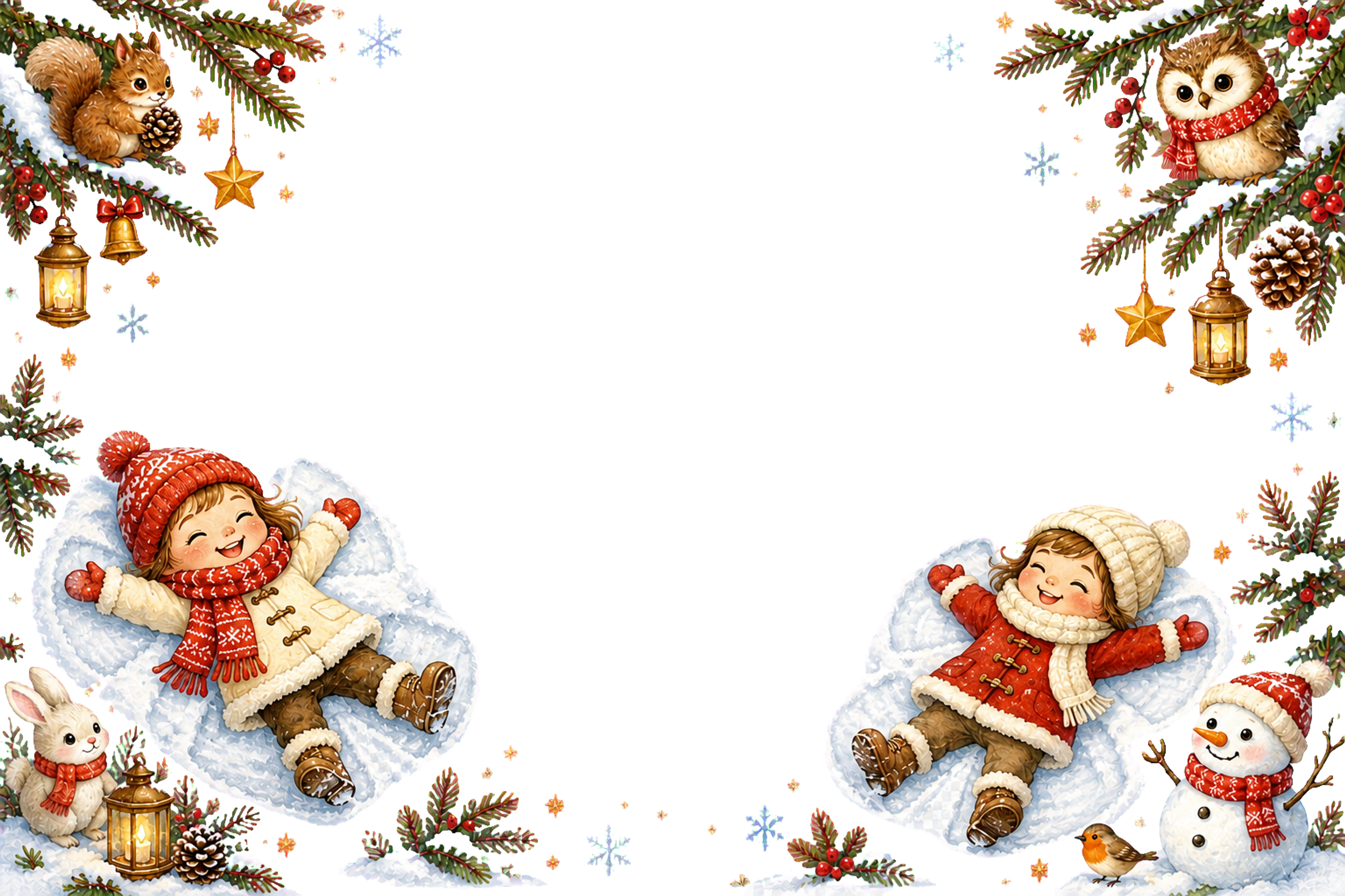 雪に寝転ぶ子どものかわいいクリスマスメッセージカード｜無料フレームイラスト96425に写真・文字を入れる