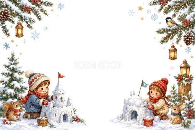 かわいい子どもと雪のお城のクリスマスメッセージカード|無料フレームイラスト96426