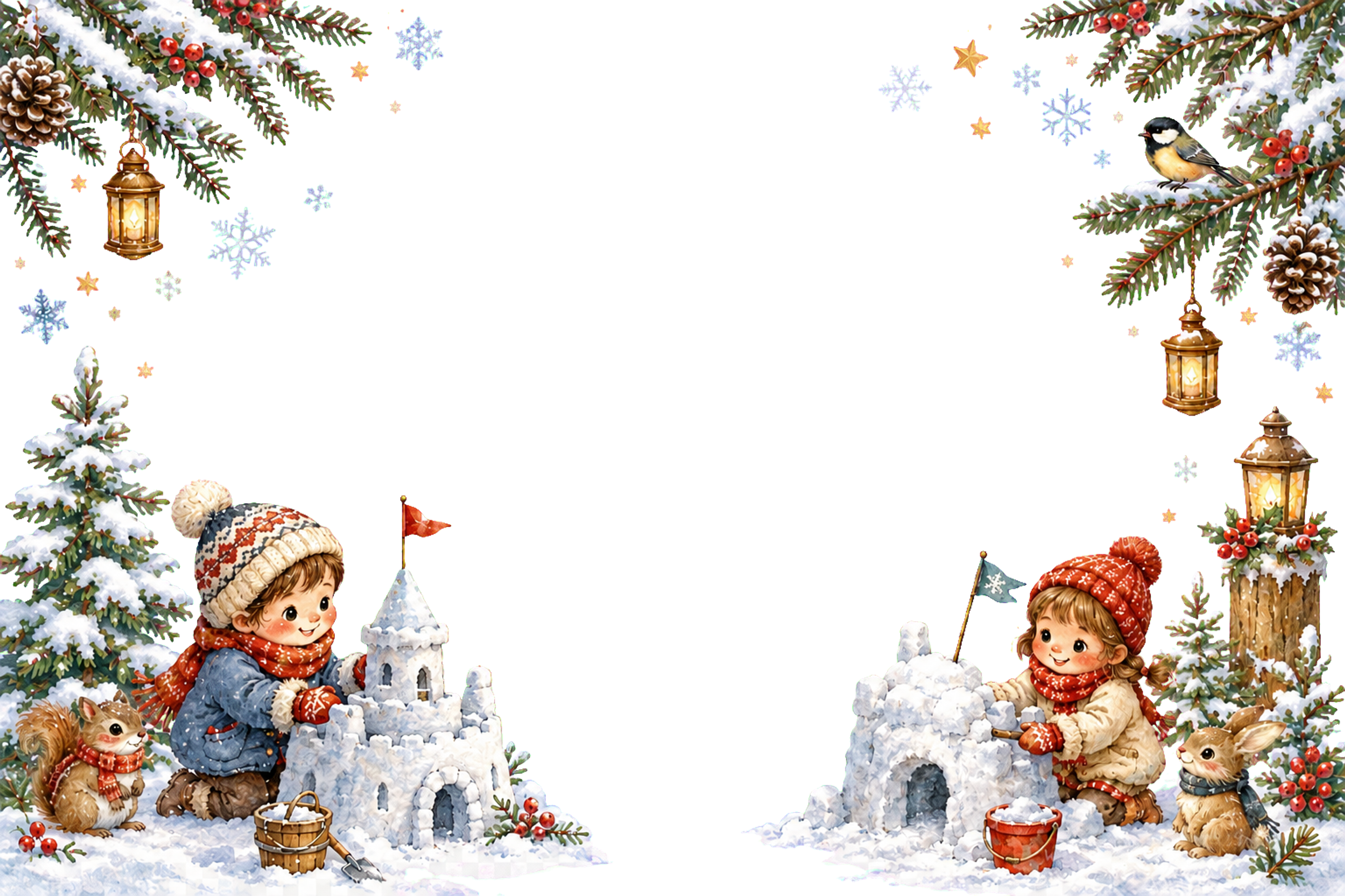 かわいい子どもと雪のお城のクリスマスメッセージカード｜無料フレームイラスト96426に写真・文字を入れる