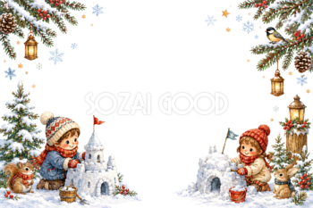 かわいい子どもと雪のお城のクリスマスメッセージカード｜無料フレームイラスト96426
