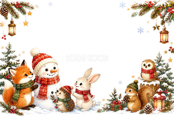 かわいい森の動物と雪だるまのクリスマスメッセージカード｜無料フレームイラスト96427