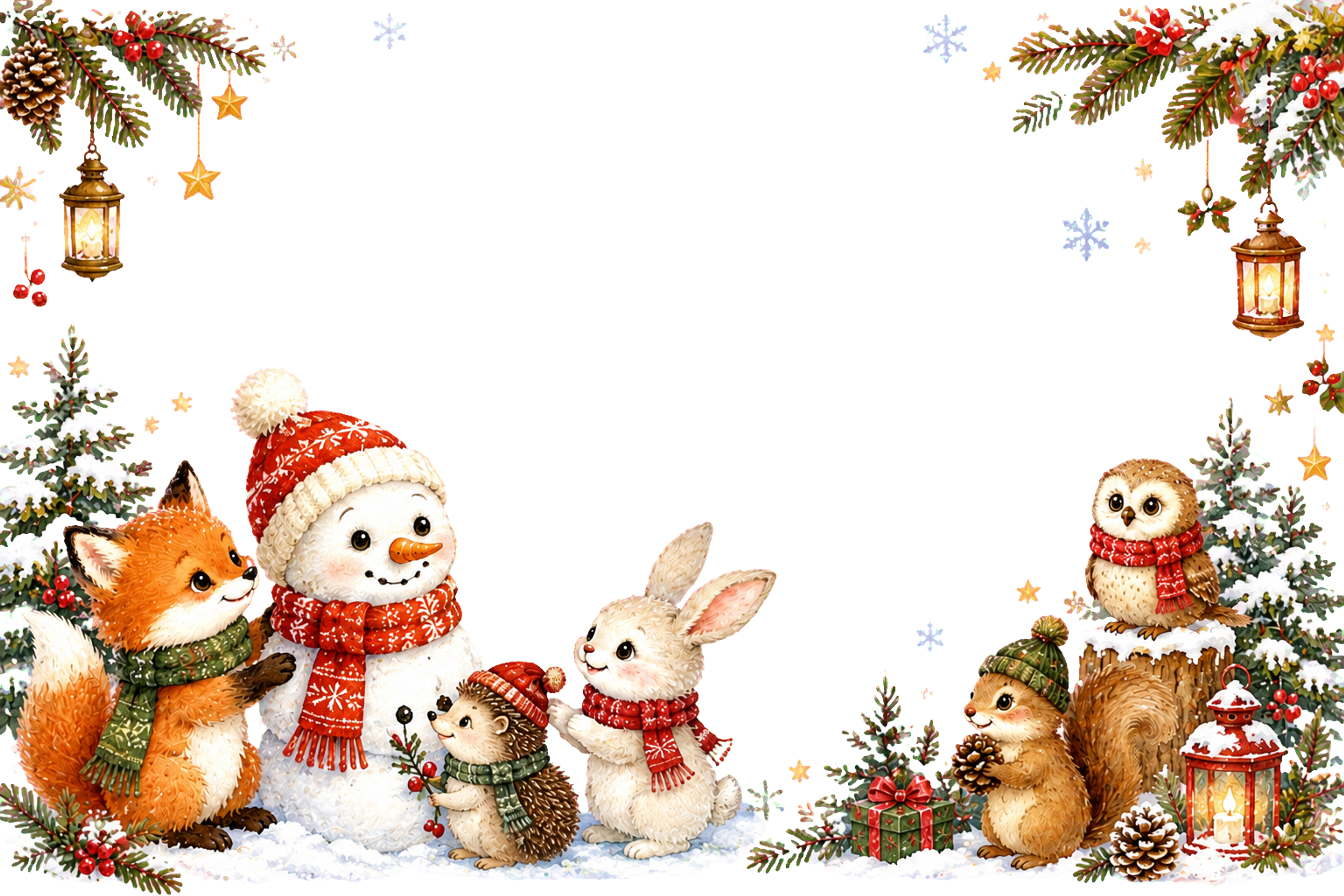 かわいい森の動物と雪だるまのクリスマスメッセージカード｜無料フレームイラスト96427に写真・文字を入れる