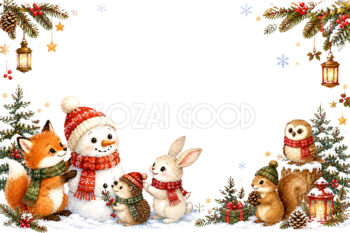 かわいい森の動物と雪だるまのクリスマスメッセージカード｜無料フレームイラスト96427