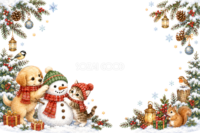 かわいい犬と猫と雪だるまのクリスマスメッセージカード｜無料フレームイラスト96428