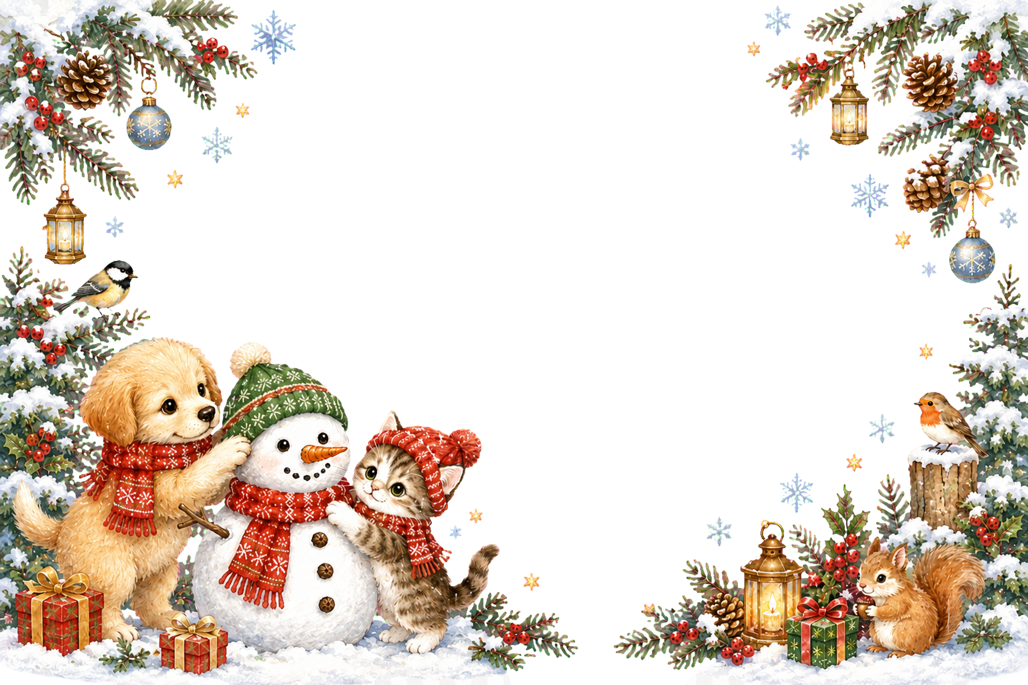 かわいい犬と猫と雪だるまのクリスマスメッセージカード｜無料フレームイラスト96428に写真・文字を入れる