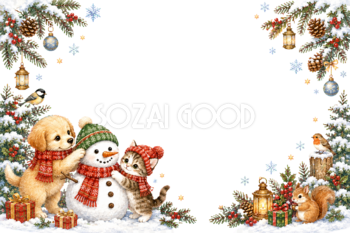 かわいい犬と猫と雪だるまのクリスマスメッセージカード｜無料フレームイラスト96428