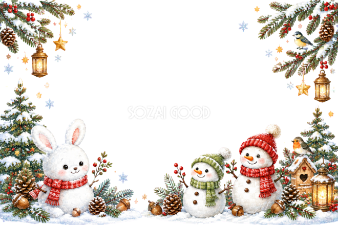かわいい雪うさぎと雪だるまのクリスマスメッセージカード|無料フレームイラスト96429